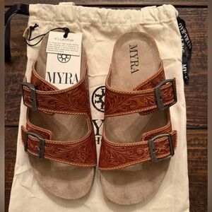 MYRA MOLLY MEGAN HAND-TOOLED SANDALS. NWT.
